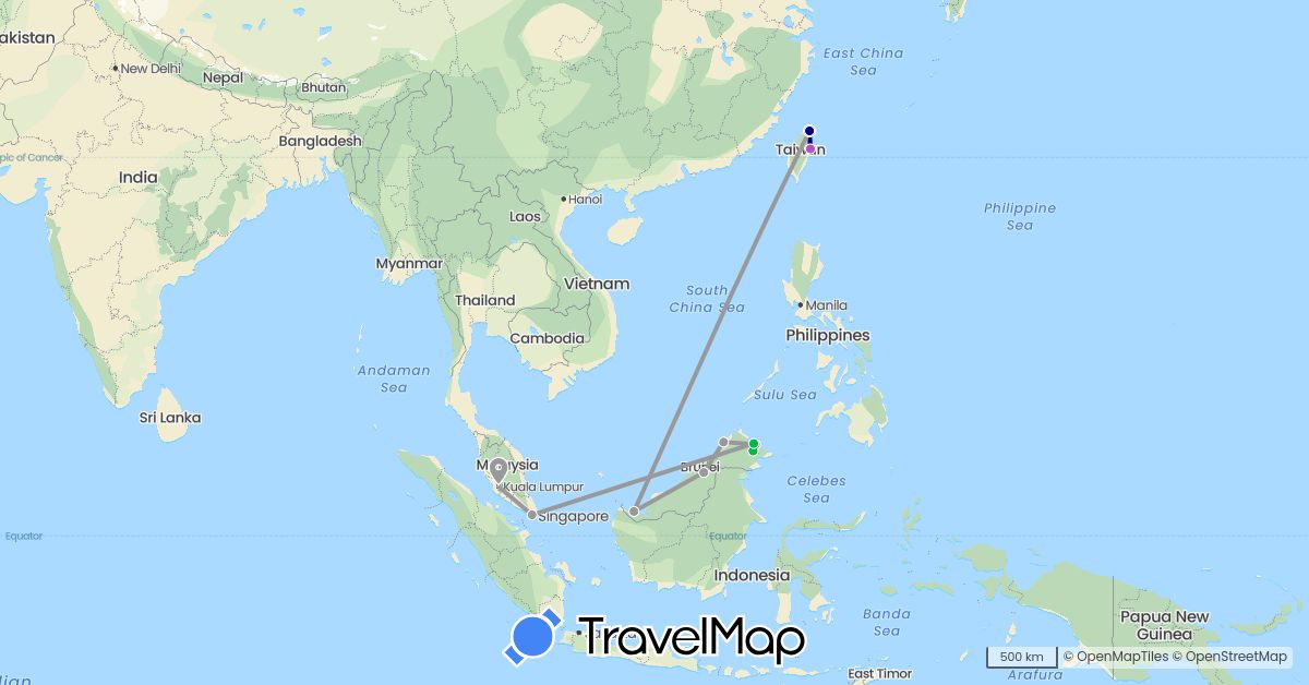 TravelMap itinerary: driving, bus, plane, train in Malaysia, Singapore, Taiwan (Asia)