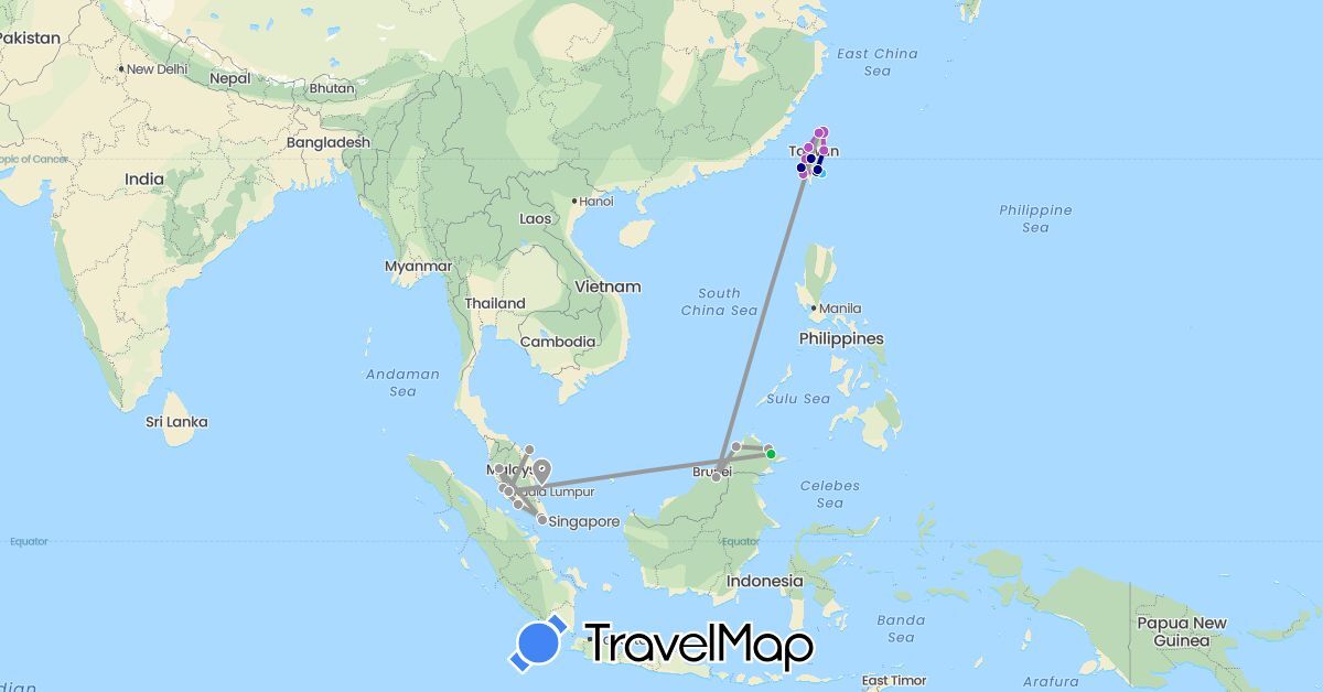 TravelMap itinerary: driving, bus, plane, train, boat in Malaysia, Singapore, Taiwan (Asia)